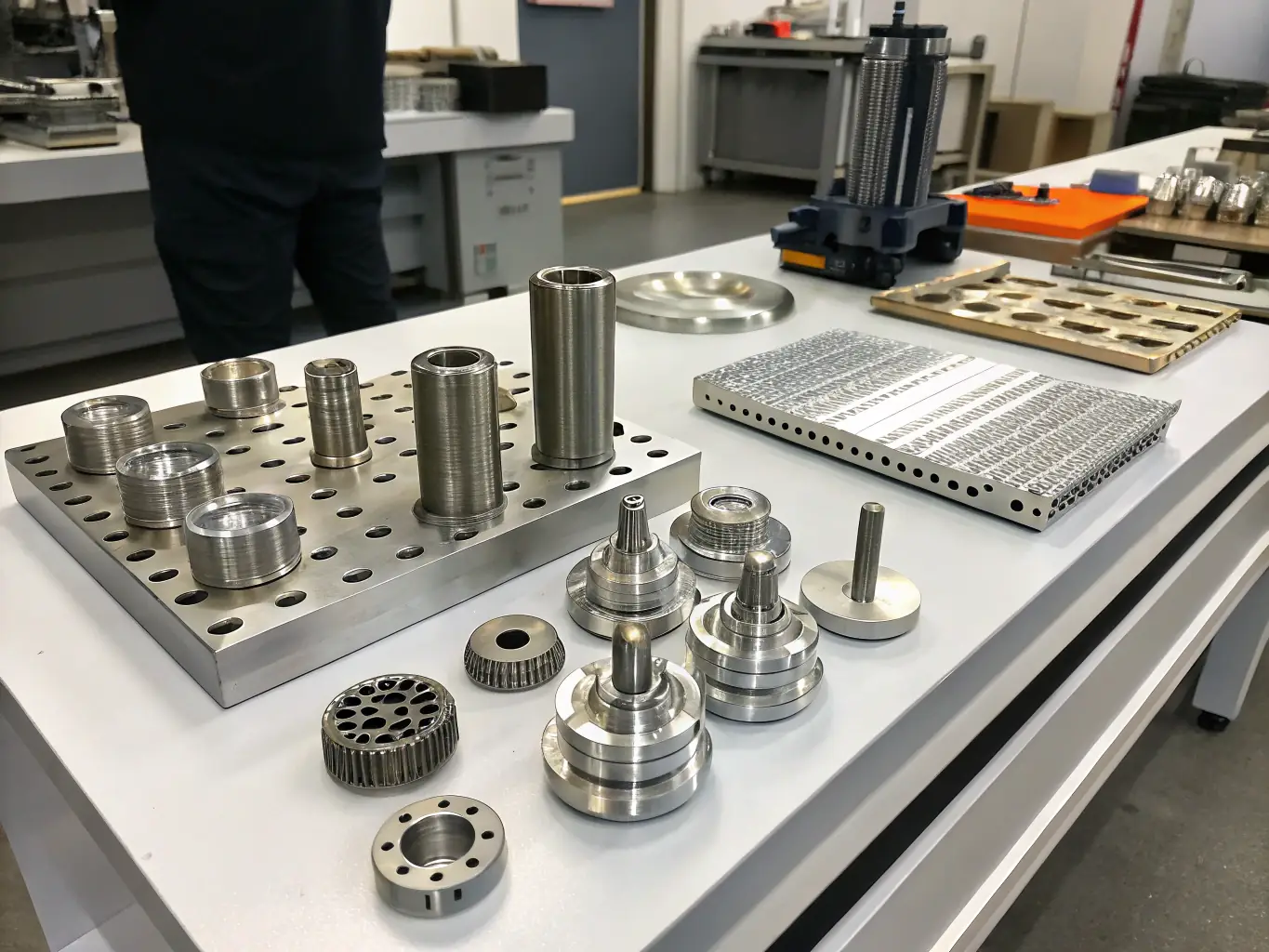A photograph displaying various industrial machine parts with high precision and surface finishing, manufactured by Maxx Global. The setting is a modern manufacturing plant, highlighting the industrial context.