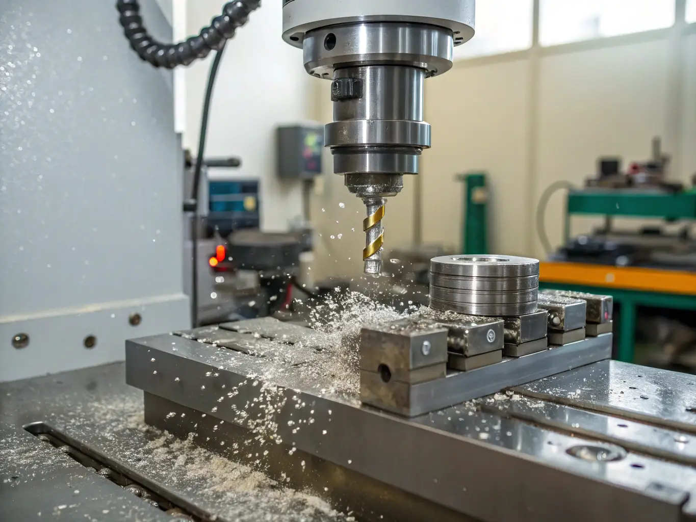 A close-up shot of a CNC milling machine precisely cutting a metal component, showcasing the intricate detail and precision involved in the process. The lighting highlights the sharpness of the cutting tool and the smoothness of the machined surface.