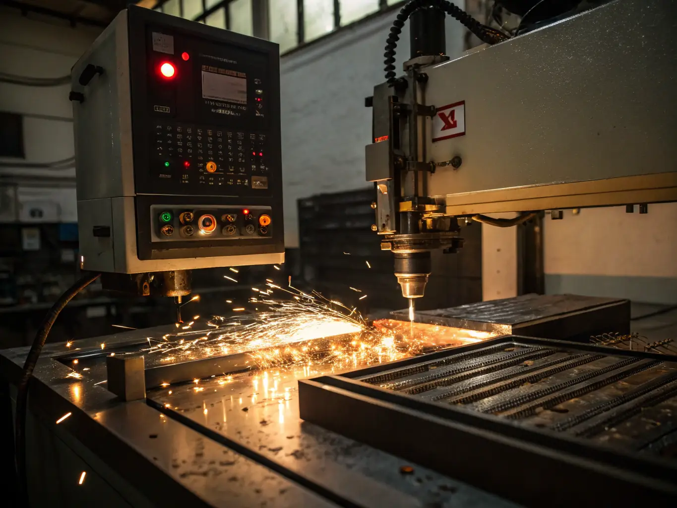 A close-up shot of a CNC machine precisely cutting a metal component, highlighting the precision and technology used by Maxx Global.